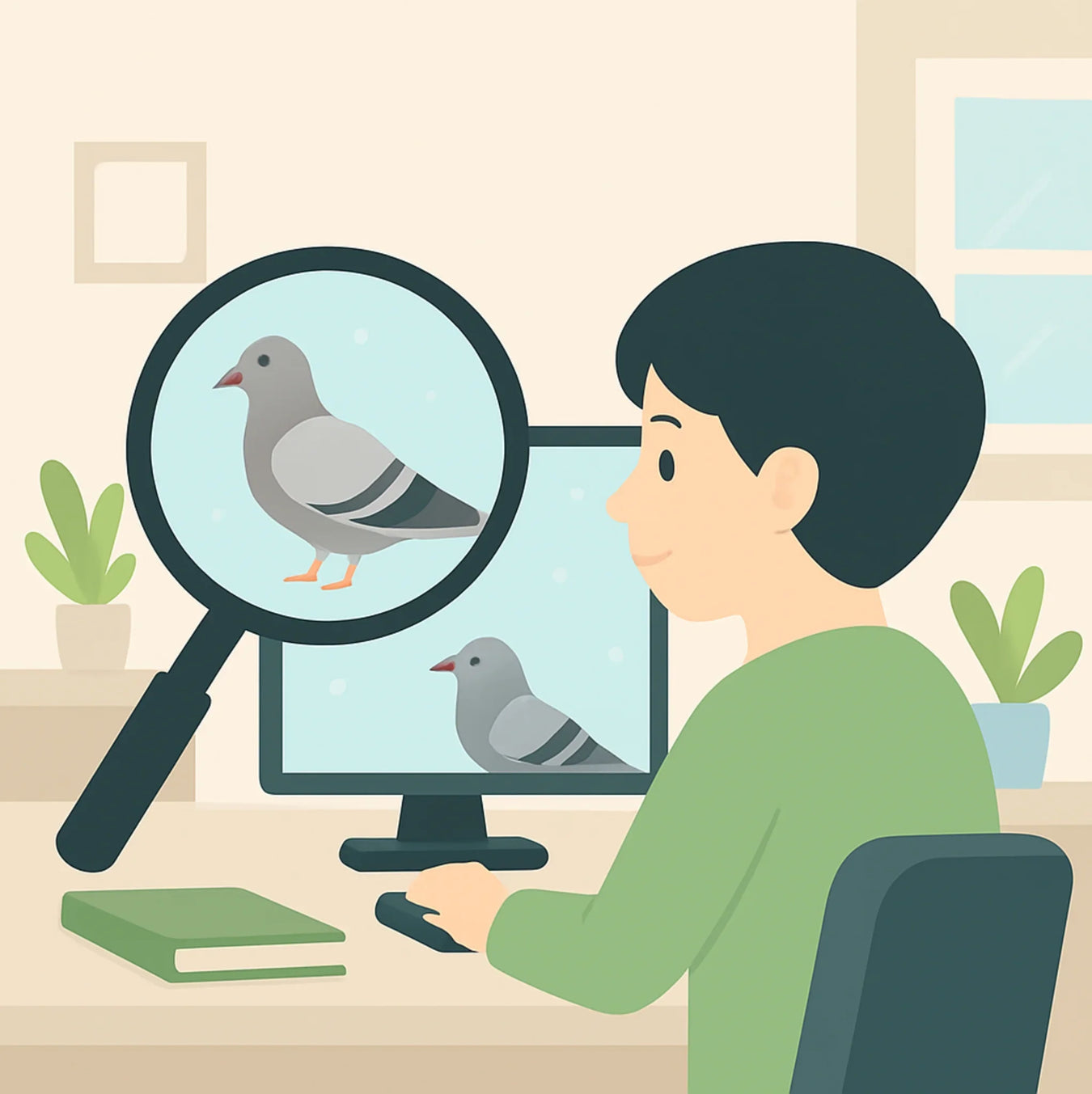 chico buscando en internet como ahuyentar palomas casa