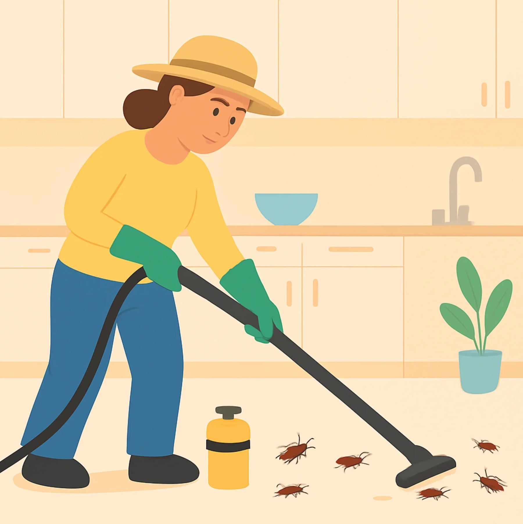 persona eliminando cucarachas de una cocina
