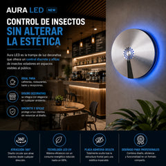 Aura LED insectocaptor LED de bajo consumo, control discreto de moscas e insectos voladores en espacios de atención al público cobertura 60 m²