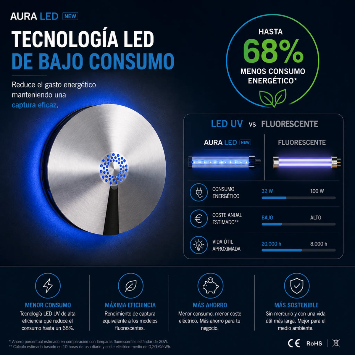 Aura LED insectocaptor LED de bajo consumo, control discreto de moscas e insectos voladores en espacios de atención al público cobertura 60 m²