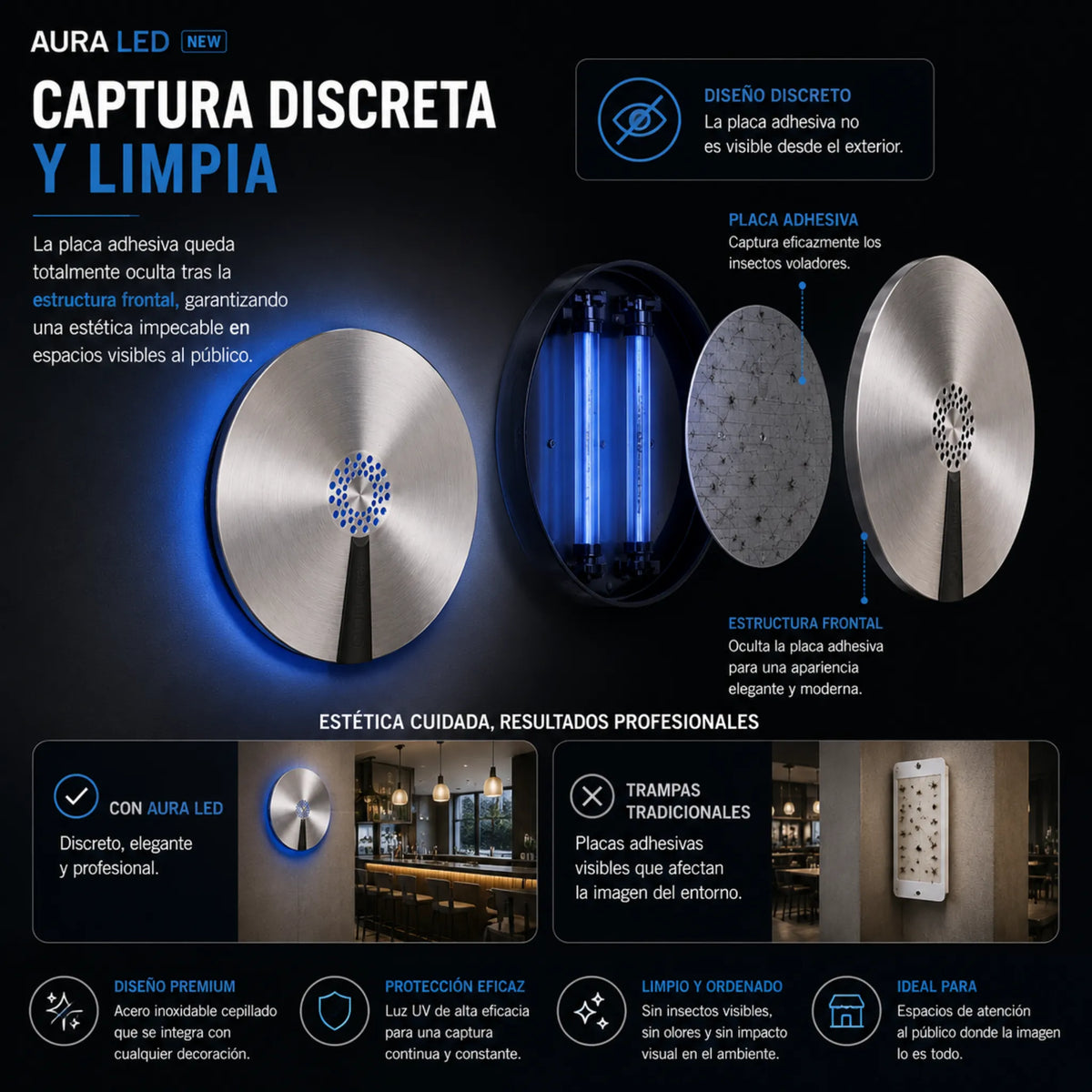 Aura LED insectocaptor LED de bajo consumo, control discreto de moscas e insectos voladores en espacios de atención al público cobertura 60 m²