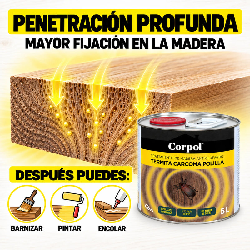 Corpol Matacarcoma 5 L | Tratamiento Antixilófagos para Madera contra Carcoma y Termitas | Permetrina 0,35%