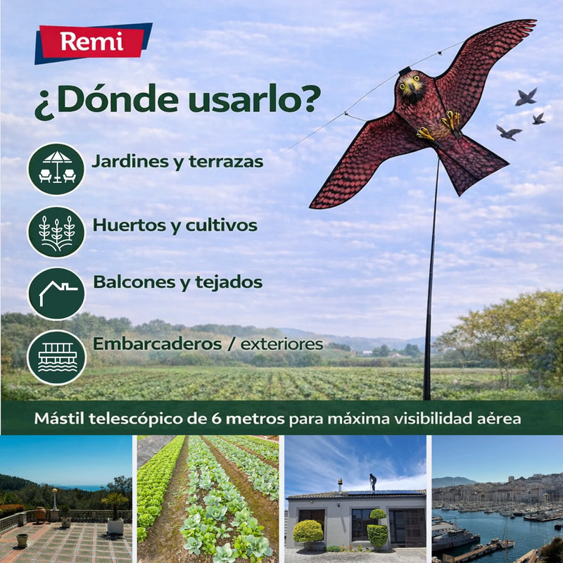 Halcón Espantapájaros con Mástil 6 metros - Ahuyentador Natural de Aves para Jardines y Cultivos