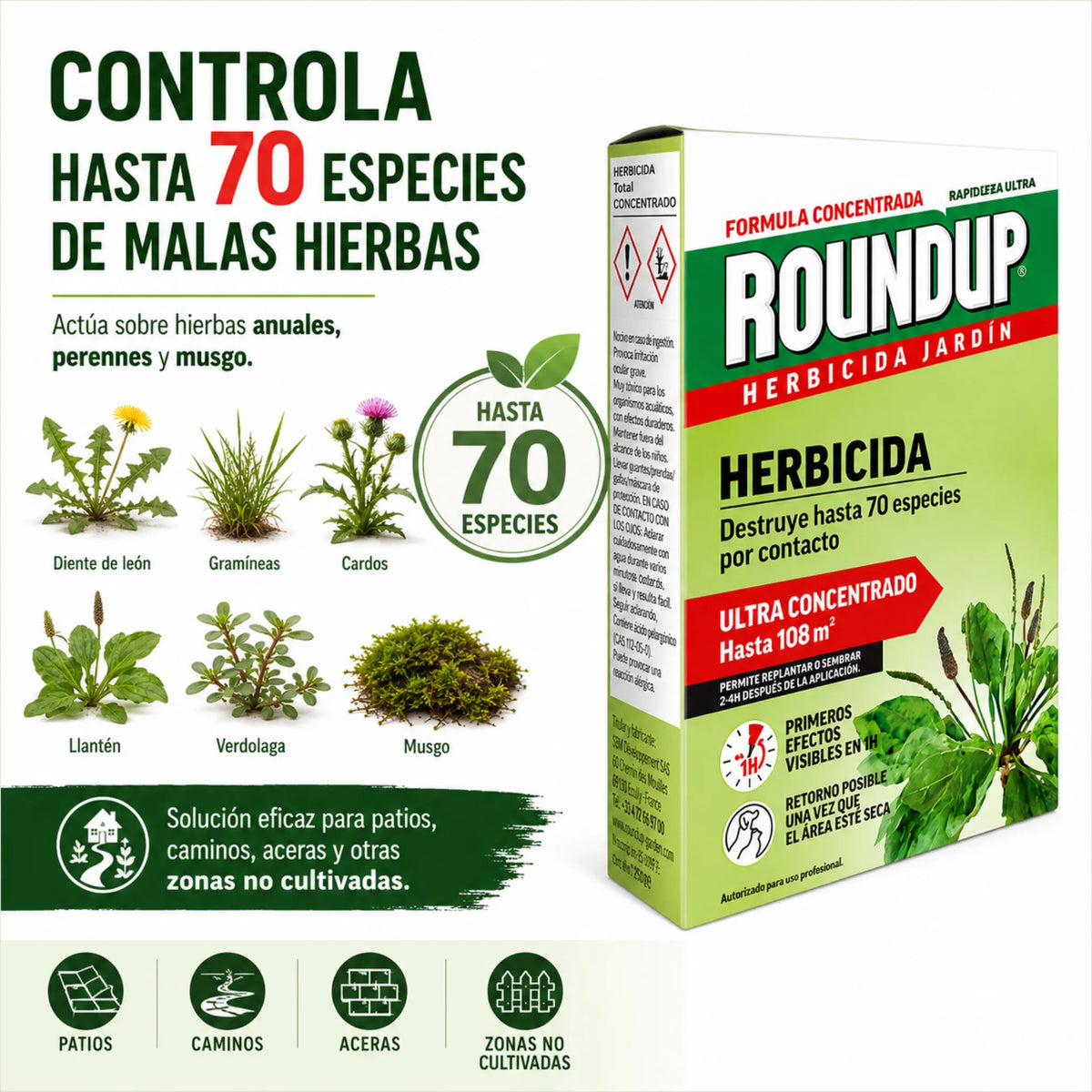 Herbicida ecológico Roundup 250 ml concentrado para eliminar malas hierbas de forma eficaz en 1 hora
