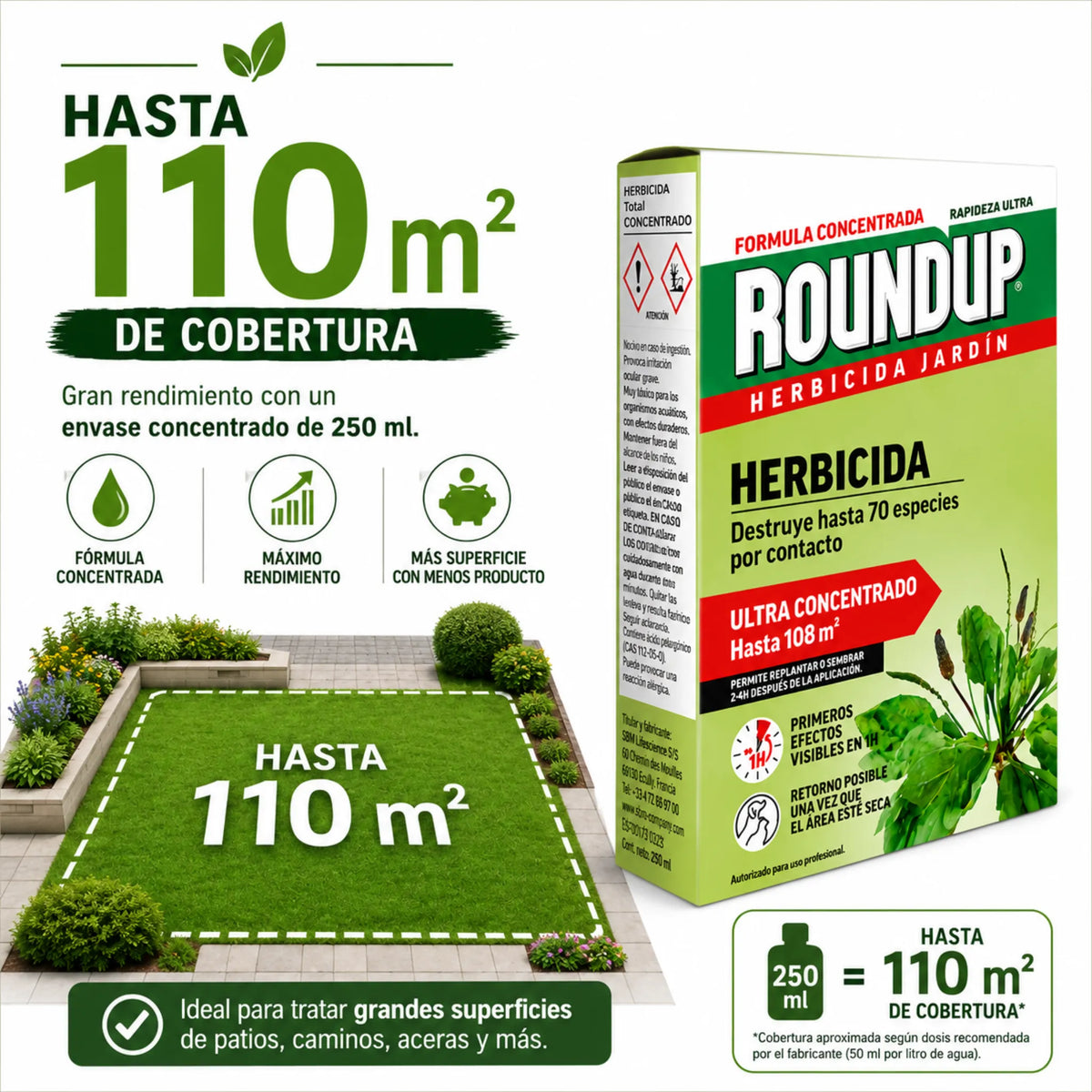 Herbicida ecológico Roundup 250 ml concentrado para eliminar malas hierbas de forma eficaz en 1 hora