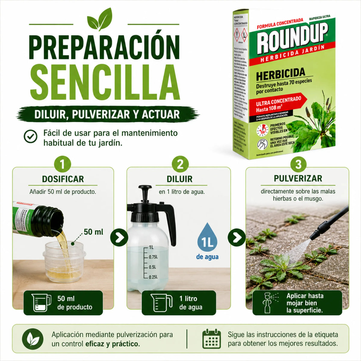 Herbicida ecológico Roundup 250 ml concentrado para eliminar malas hierbas de forma eficaz en 1 hora