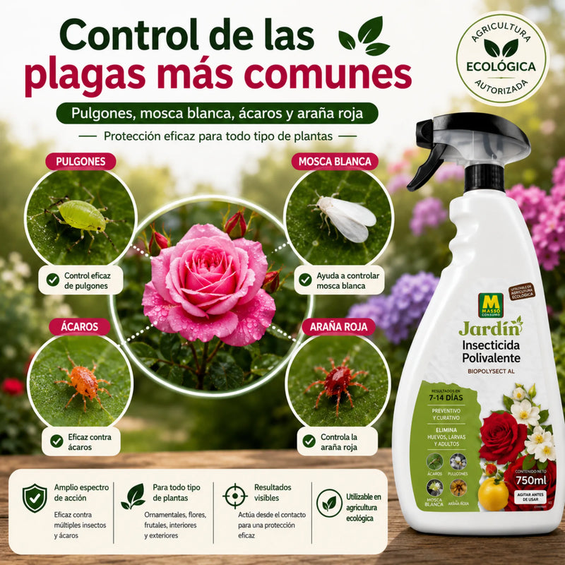 Insecticida ecológico listo para usar con acción preventiva y curativa contra Pulgones, Mosca Blanca, Ácaros y Araña Roja