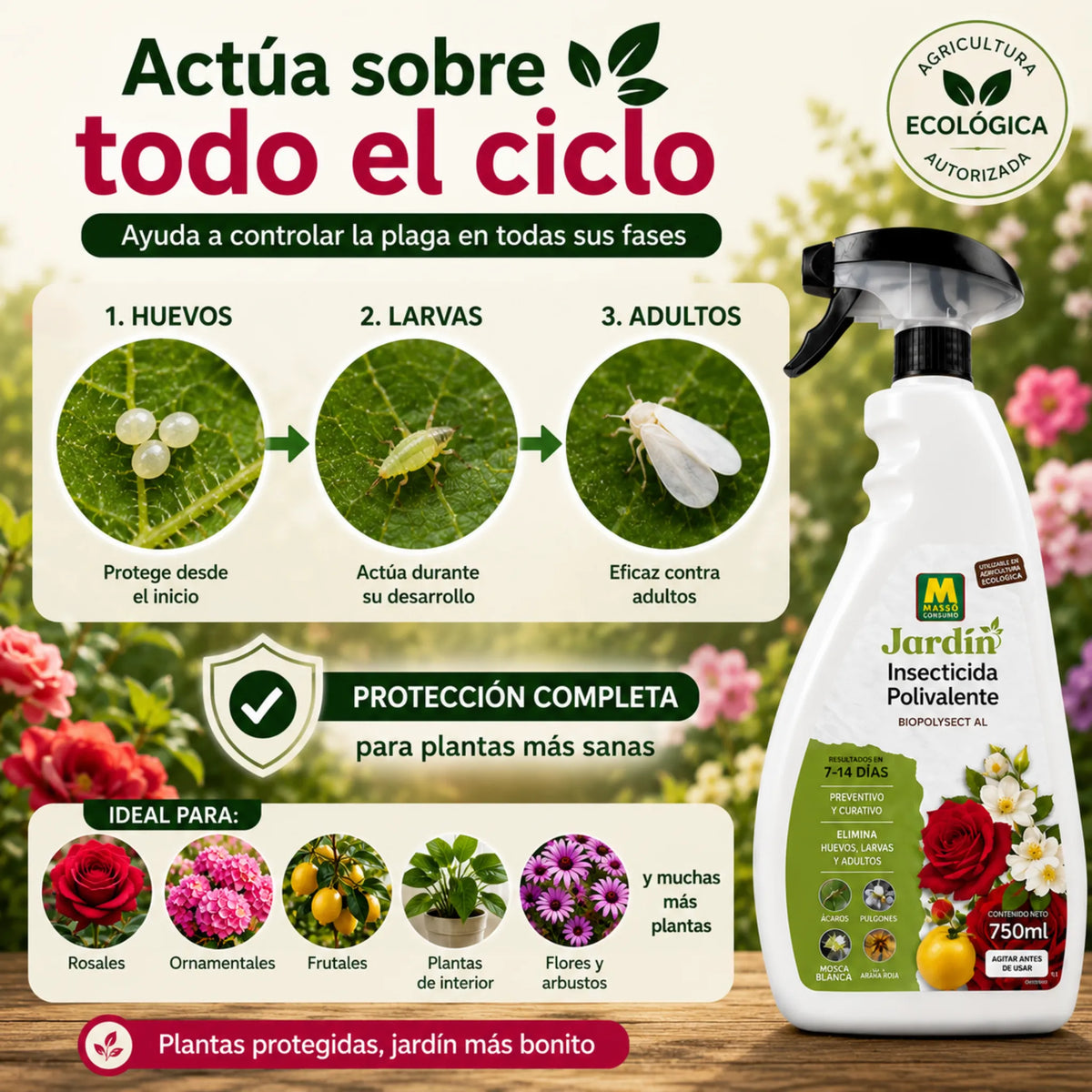 Insecticida ecológico listo para usar con acción preventiva y curativa contra Pulgones, Mosca Blanca, Ácaros y Araña Roja