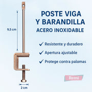 Poste de acero inoxidable con abrazadera ajustable para viga o barandilla, antipalomas