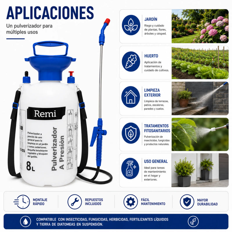Pulverizador a Presión de 8 Litros para Jardín, Huerto y Exteriores