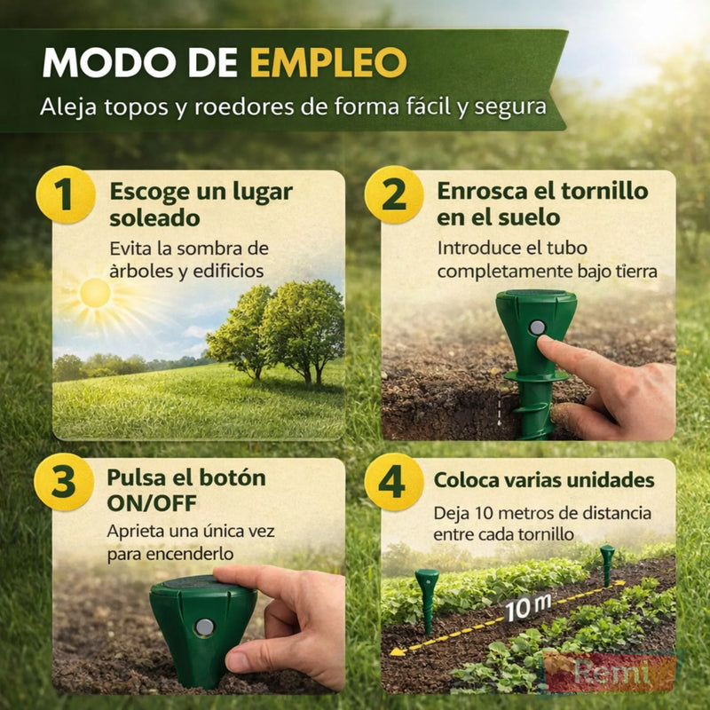 Massó - Tornillo repelente de topos ROE solar para jardines y huertos