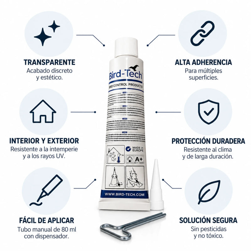 Adhesivo Especial Transparente 80 ml | Pegamento para Pinchos Antipalomas, Clips y Redes | Interior y Exterior