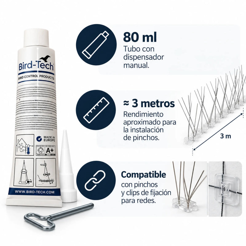 Adhesivo Especial Transparente 80 ml | Pegamento para Pinchos Antipalomas, Clips y Redes | Interior y Exterior