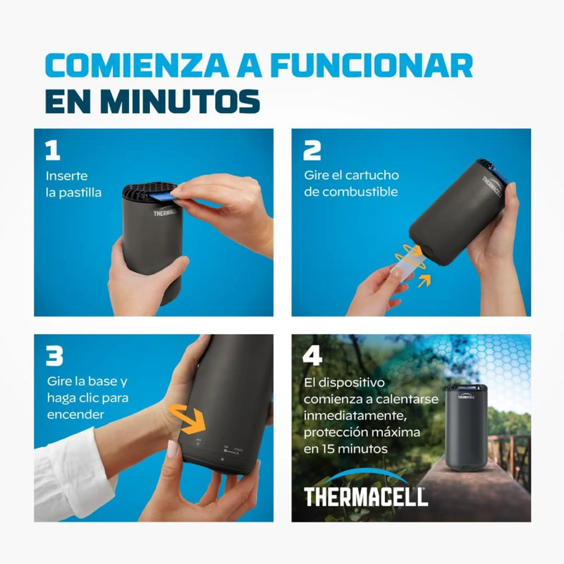 Recambios de gas Thermacell con hasta 12 horas de autonomía por cartucho. Pack de 4 cartuchos compatible con dispositivos Thermacell a gas.