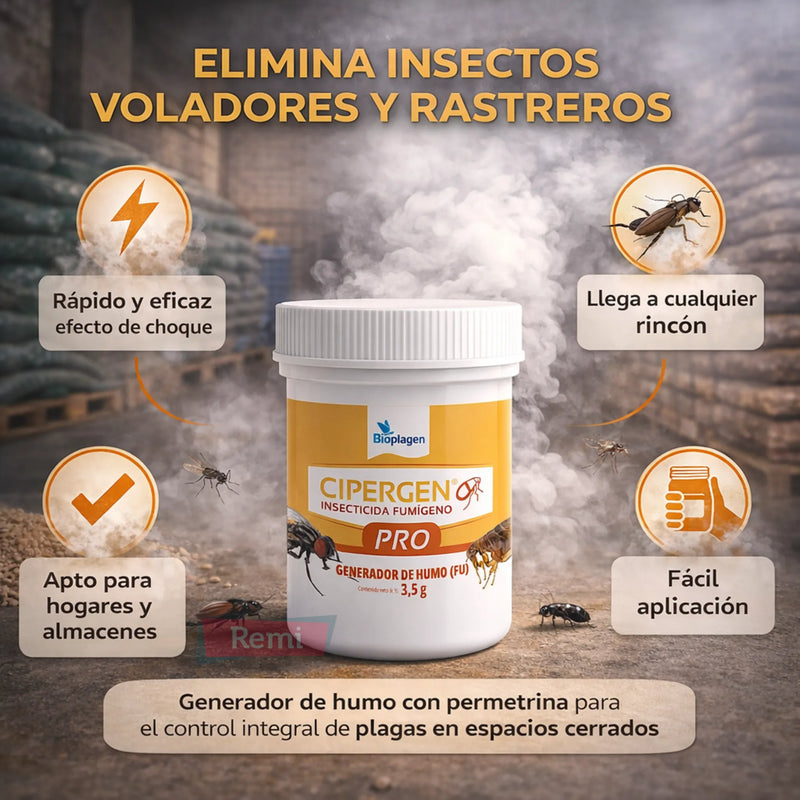 CIPERGEN PRO Fumígeno para moscas, cucarachas, pulgas y plagas del grano en recintos cerrados