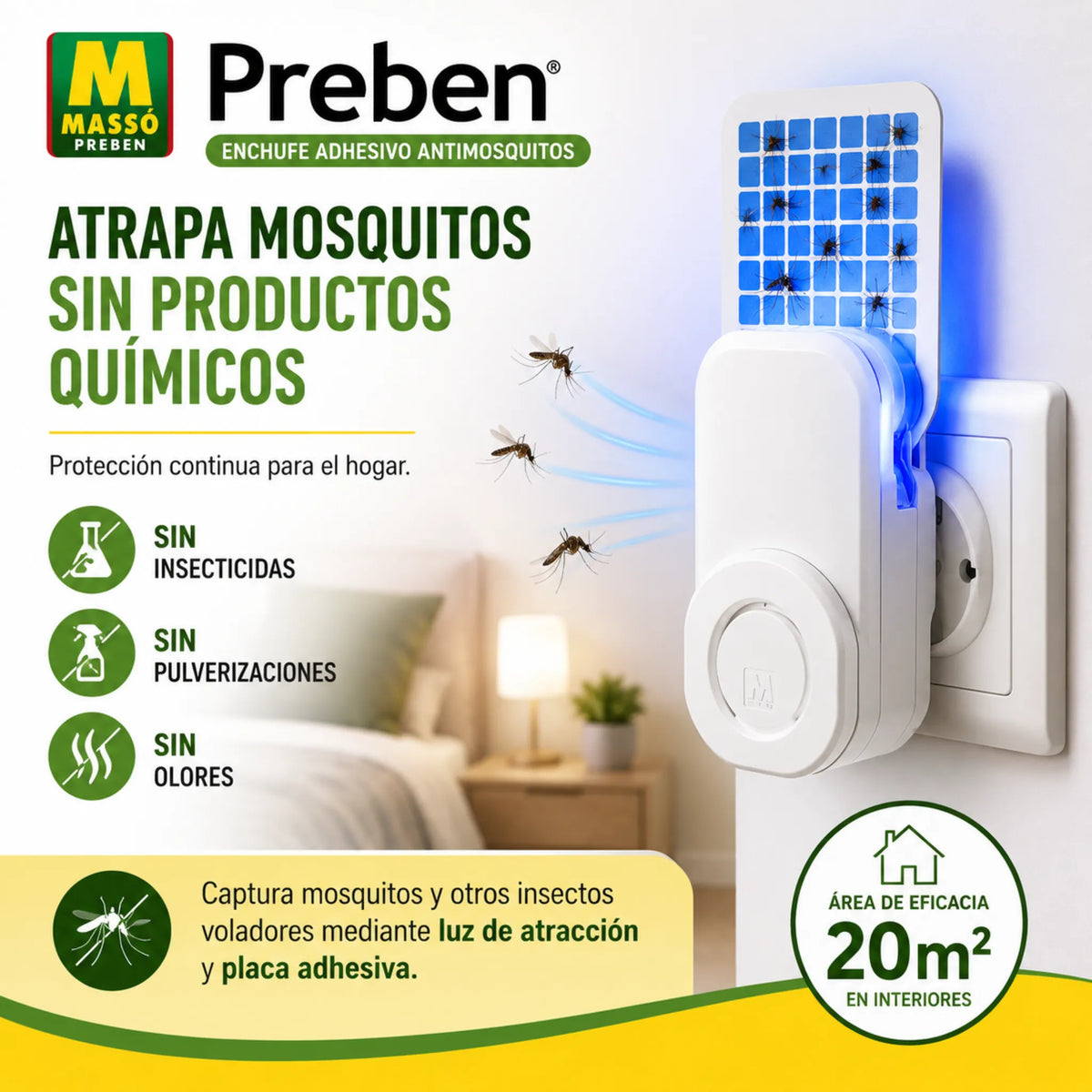 Enchufe antimosquitos con luz y placa adhesiva sin insecticidas