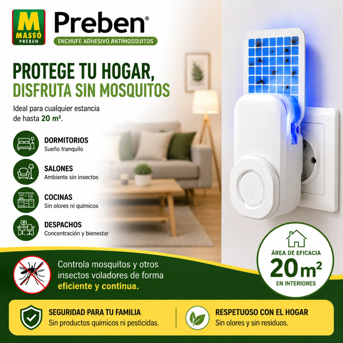 Enchufe antimosquitos con luz y placa adhesiva sin insecticidas
