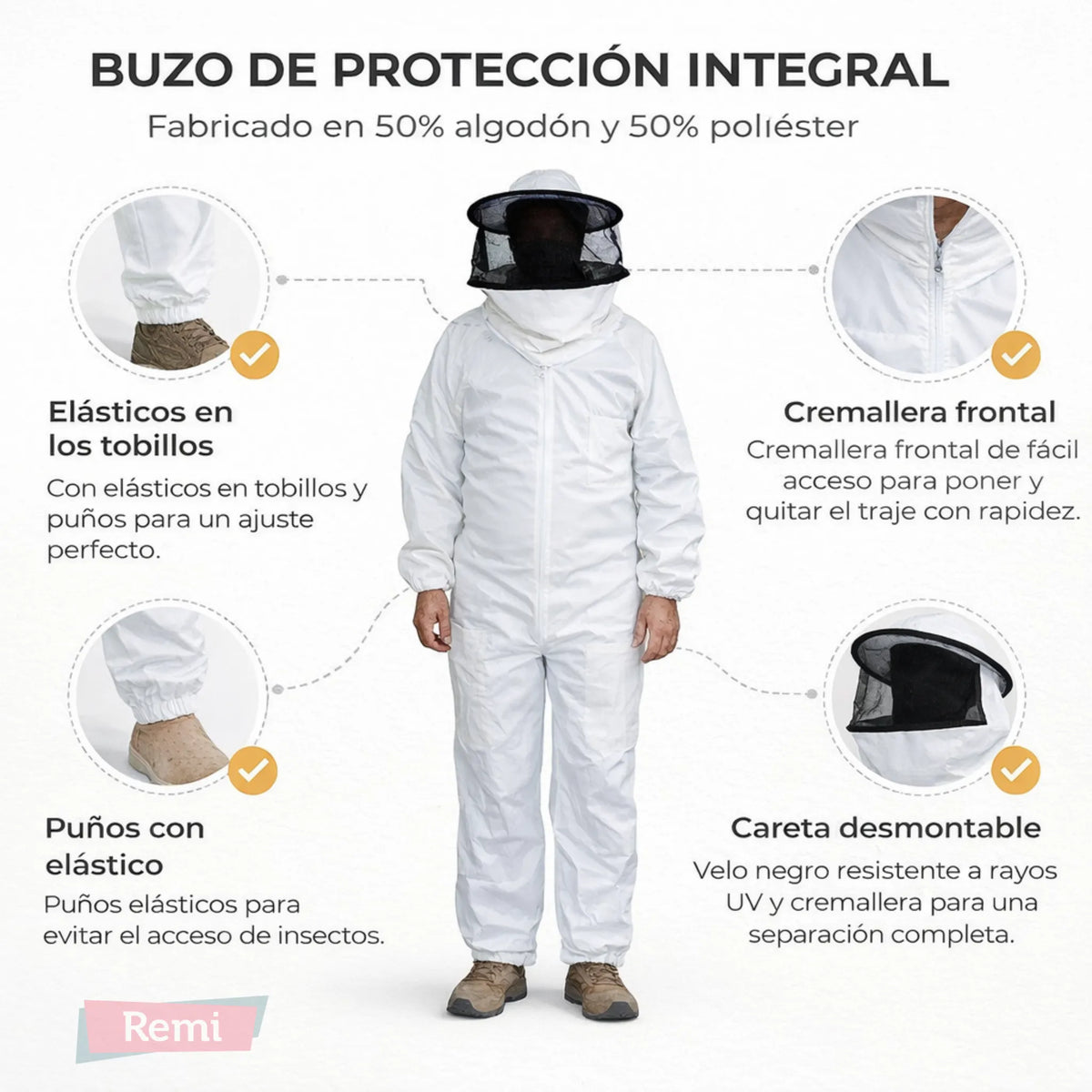Traje de protección con careta desmontable para control de plagas generales