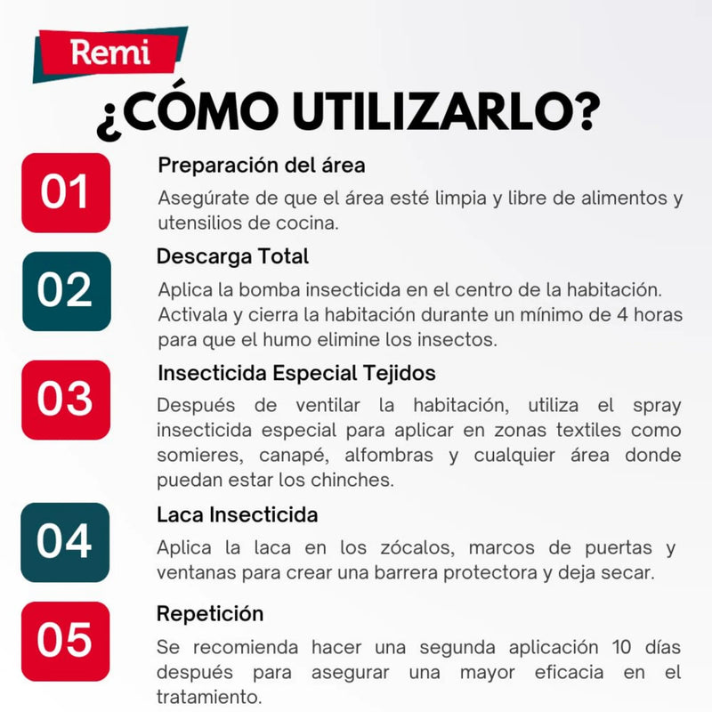 Pack para fumigar Chinches - 2 Descargas, 1 Spray, 1 Laca - Remi Hogar