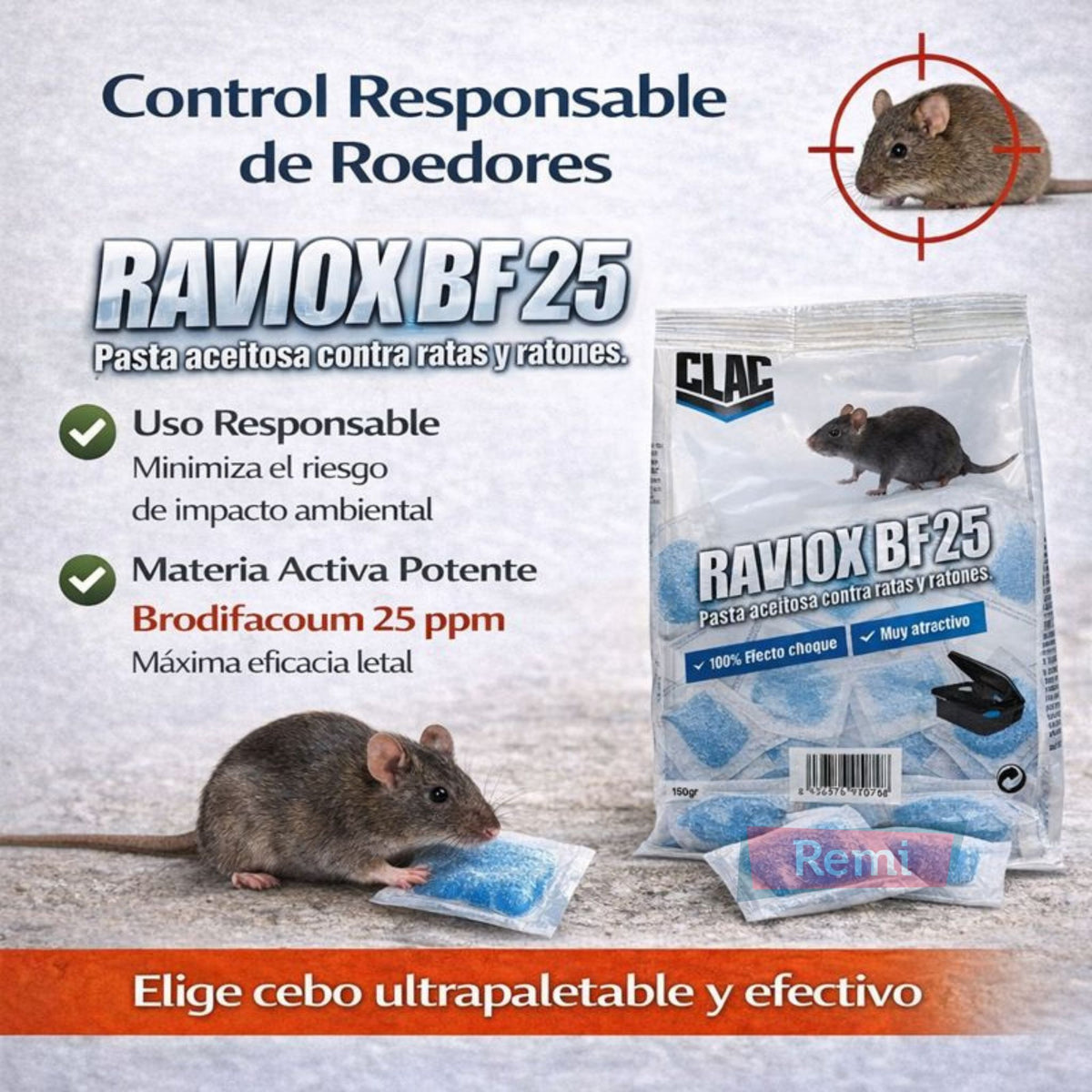 Raticida en pasta con Brodifacoum 25 ratas y ratones - RAVIOX BF 25 - Remi Hogar