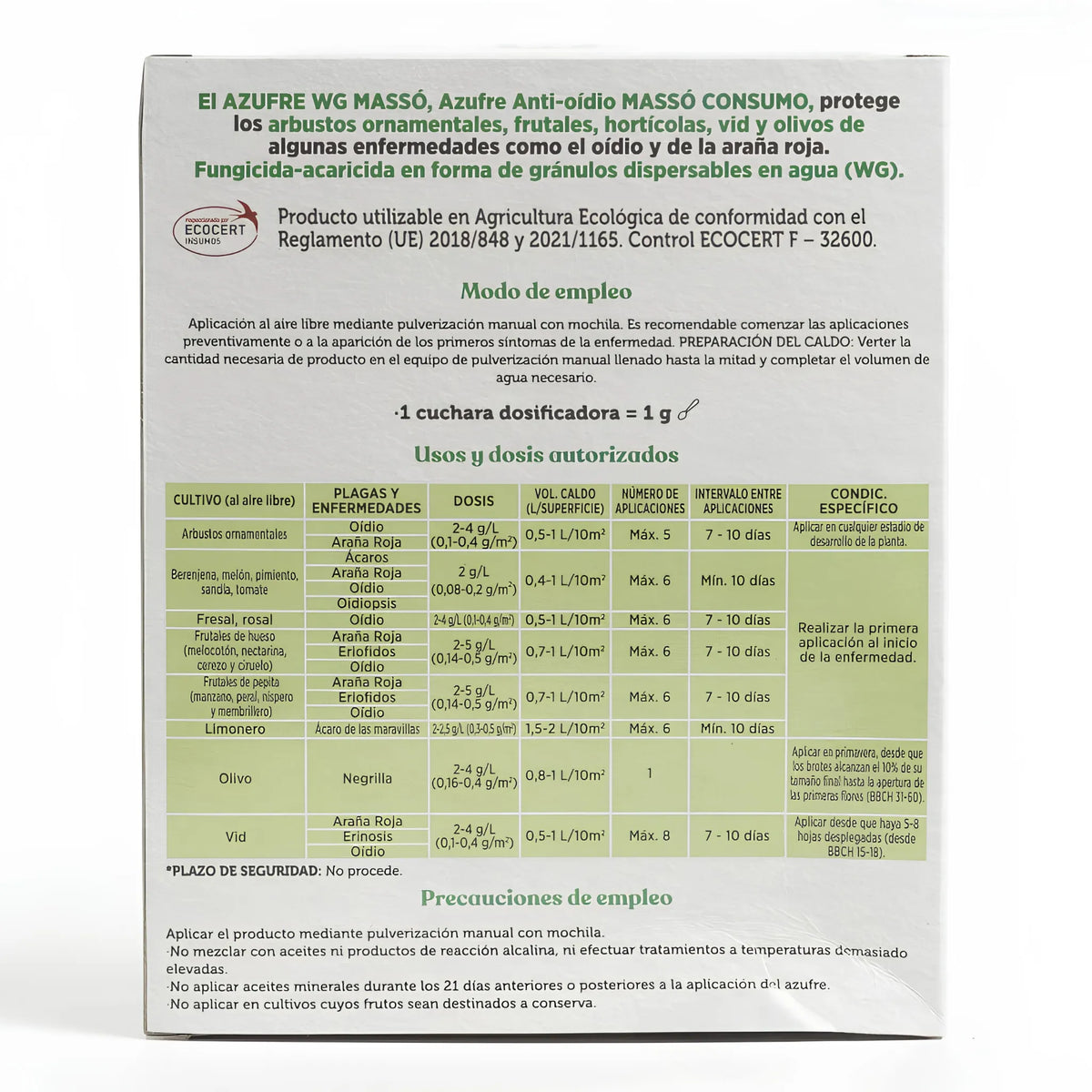 Preben Azufre WG protección ecológica frente al oídio, ácaros y araña roja