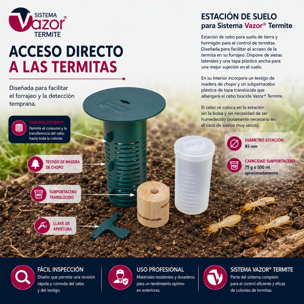 Estación de suelo Vazor Termite diseñada para facilitar el acceso de las termitas al cebo