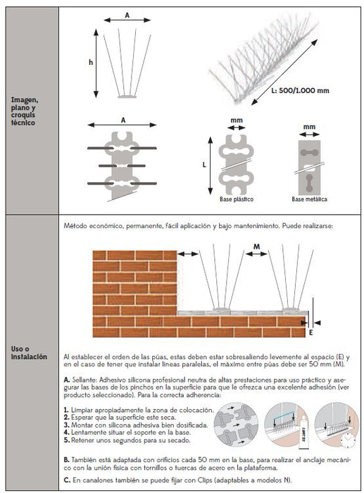 Pinchos Anti Palomas E-20 Base Policarbonato (1 metro)